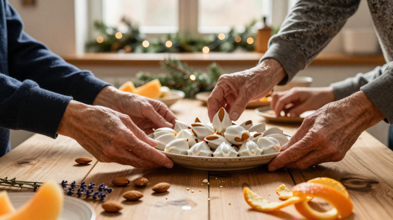 Mãos de idosos seguram e pegam suspiros com amêndoas em uma mesa de madeira clara decorada.