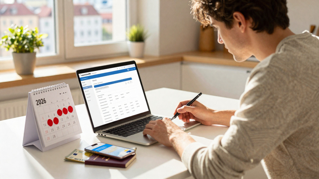 Homem trabalhando em laptop com calendário e celular sobre mesa em ambiente iluminado.