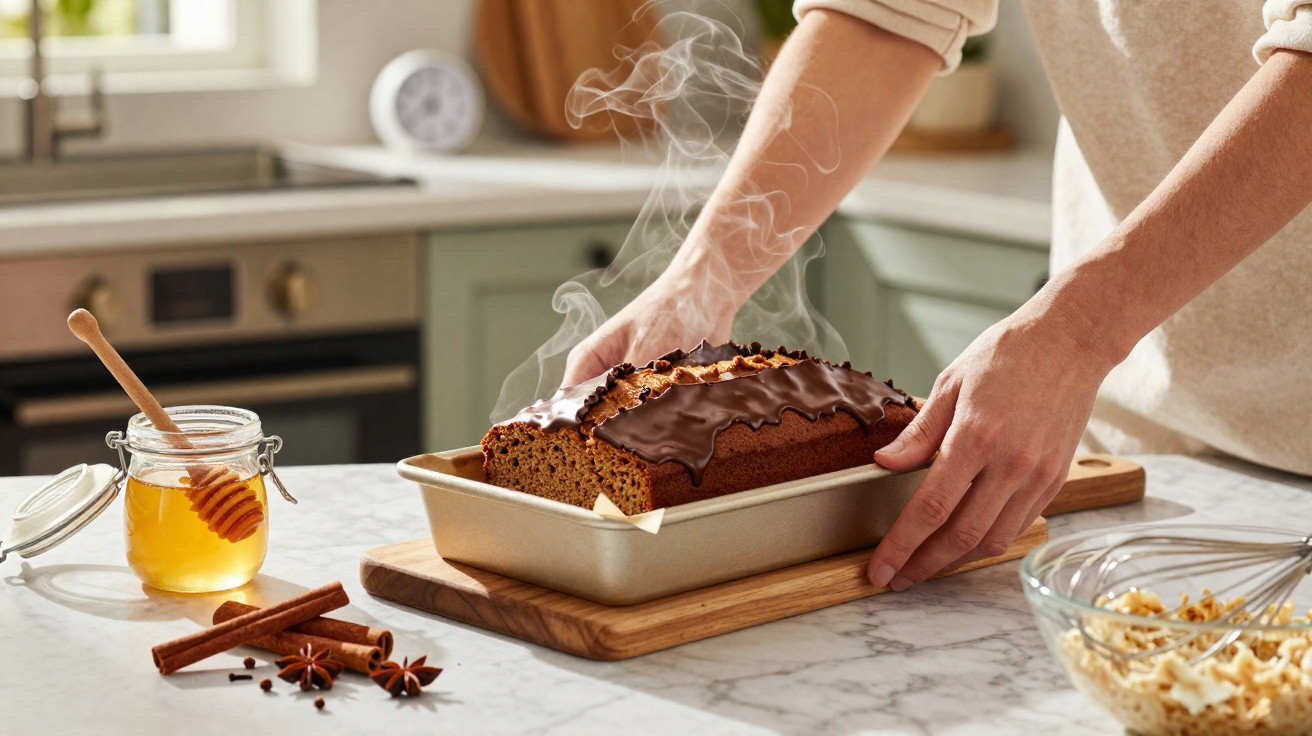 Pessoa retirando bolo de chocolate quente com cobertura na forma dentro de cozinha iluminada.