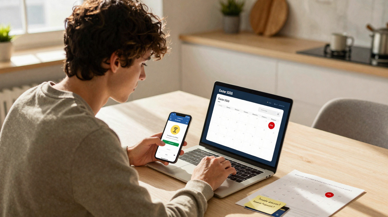 Jovem sentado à mesa usando laptop com calendário aberto e celular com mensagem de sucesso.