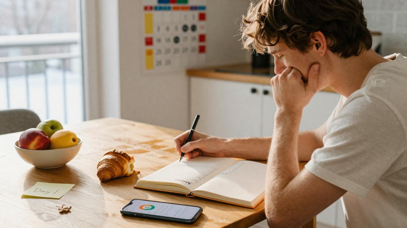 Jovem escrevendo em caderno enquanto está à mesa com telefone, croissant e frutas em bowl.