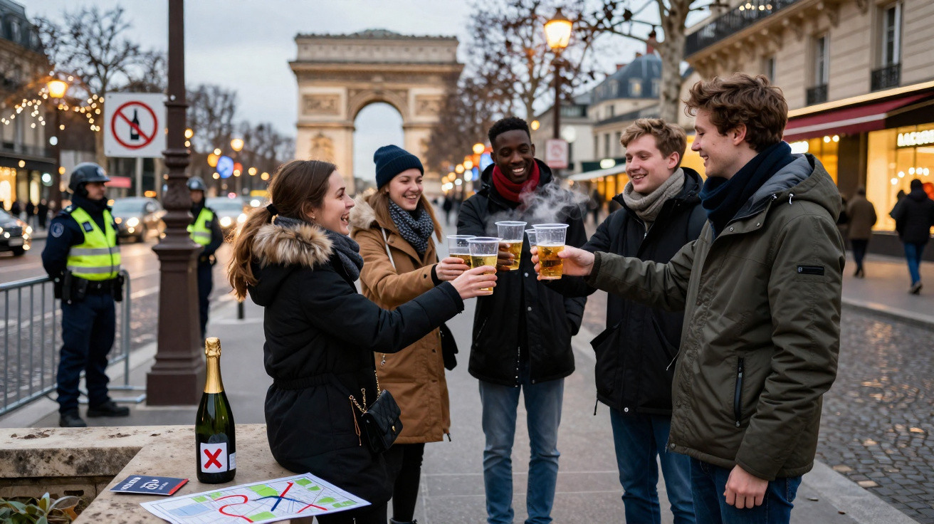 Grupo de jovens brindando com copos plásticos na rua próxima ao Arco do Triunfo em Paris durante inverno.