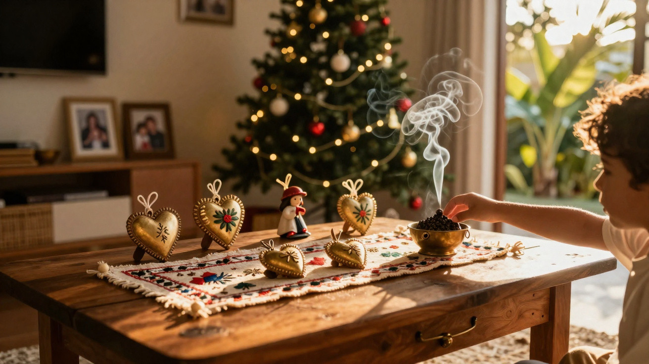 Criança acende defumador em mesa decorada com enfeites natalinos e árvore de Natal ao fundo.