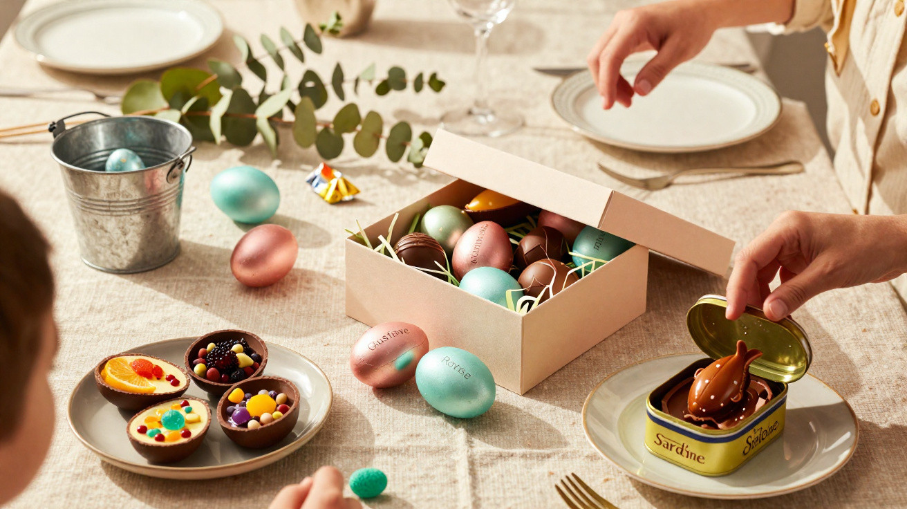 Mesa com ovos de Páscoa coloridos, doces em forma de tartes e coelho de chocolate em lata decorativa.