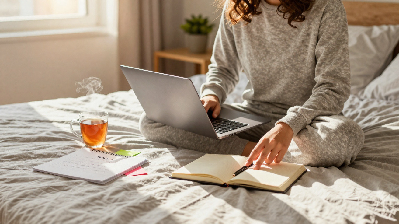 Pessoa sentada na cama com laptop, caderno, calendários e xícara de chá quente ao lado.