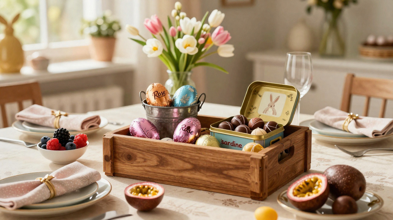 Mesa posta com ovos de Páscoa, chocolates, flores e frutas em ambiente iluminado e decorado.
