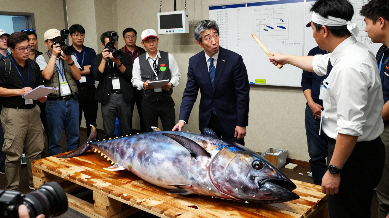 Grupo de pessoas observando um atum gigante sobre mesa de madeira em sala fechada.