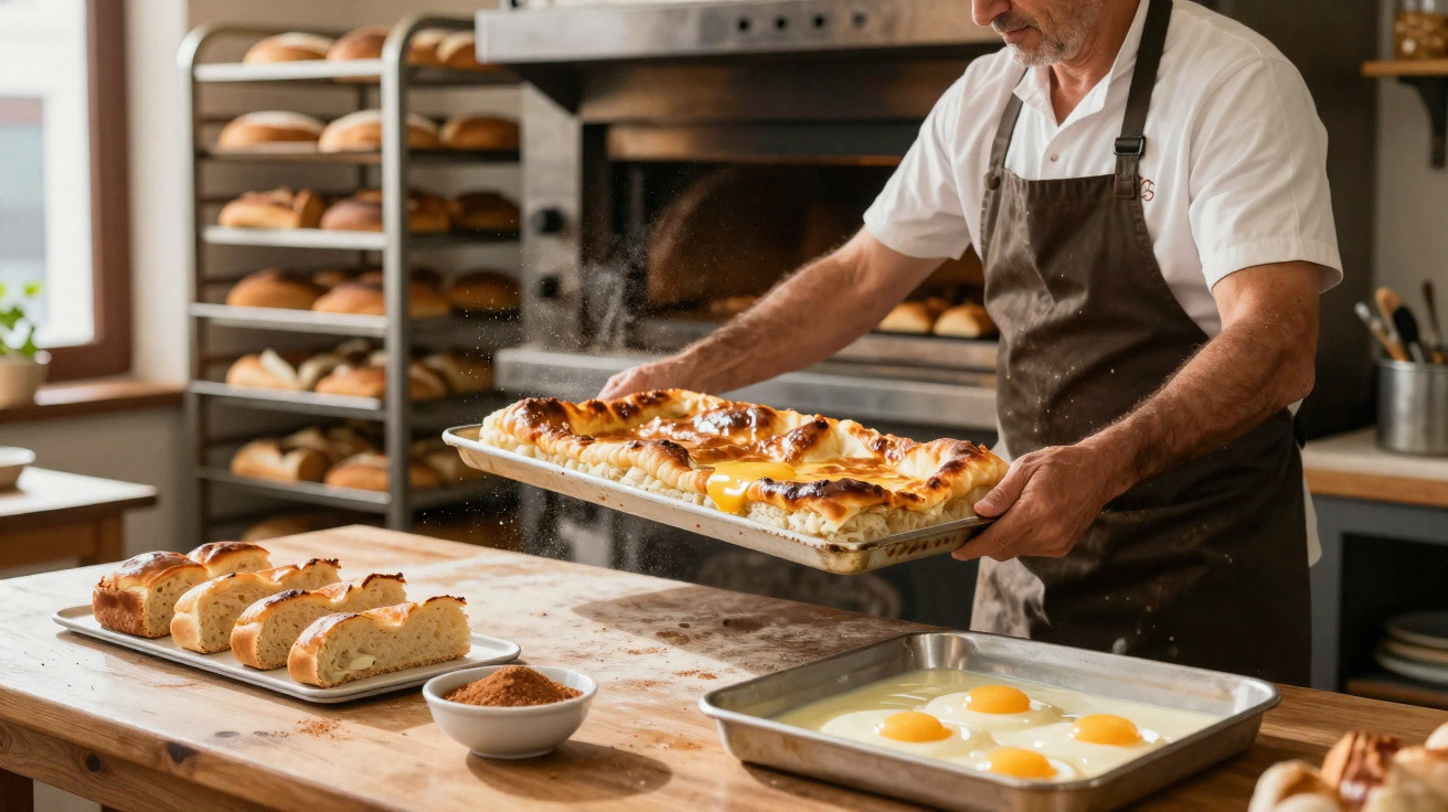 Padeiro retirando pão quente do forno em cozinha com diversas fornadas e ingredientes na bancada.