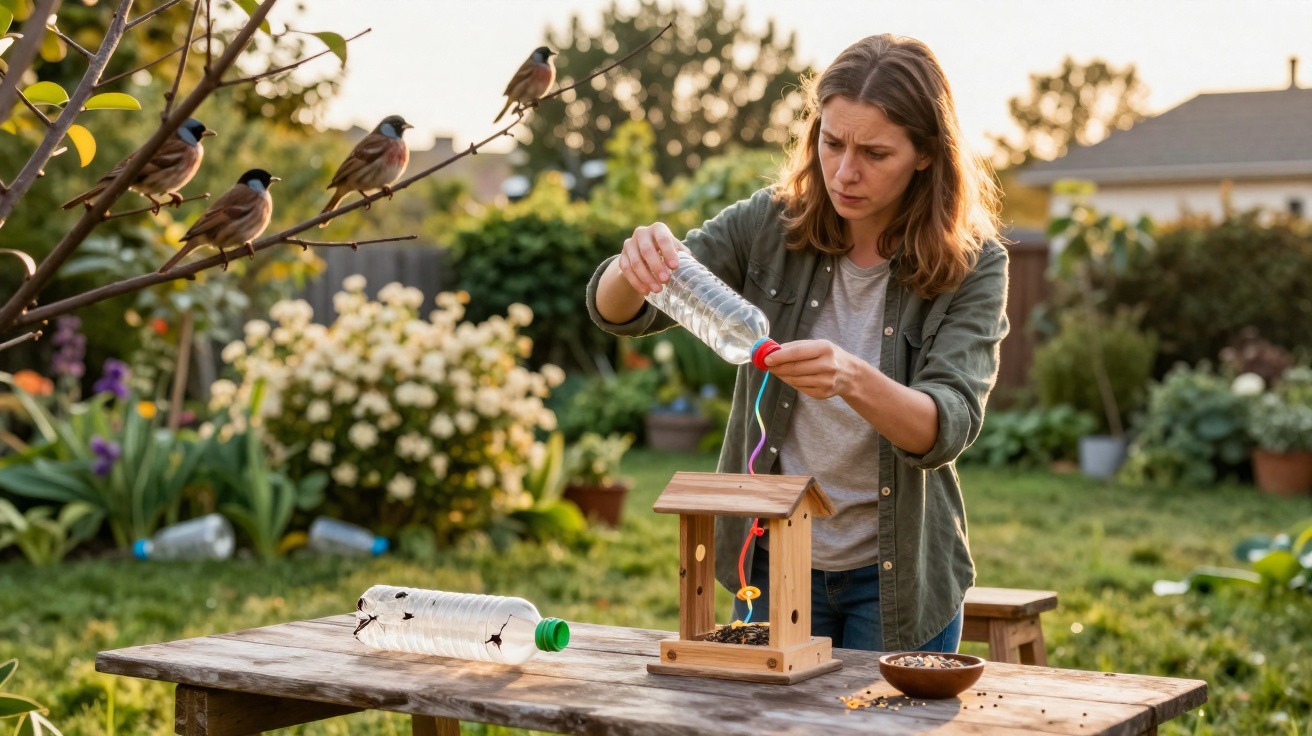 Mulher enchendo comedouro para pássaros com garrafa plástica em jardim ao entardecer.