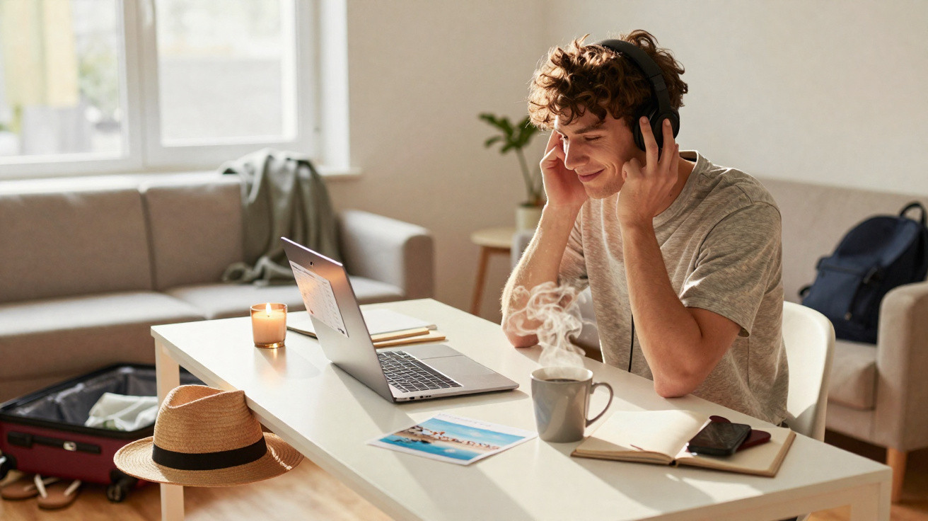 Jovem sentado em mesa com laptop, usando fones e sorrindo em ambiente iluminado e aconchegante.