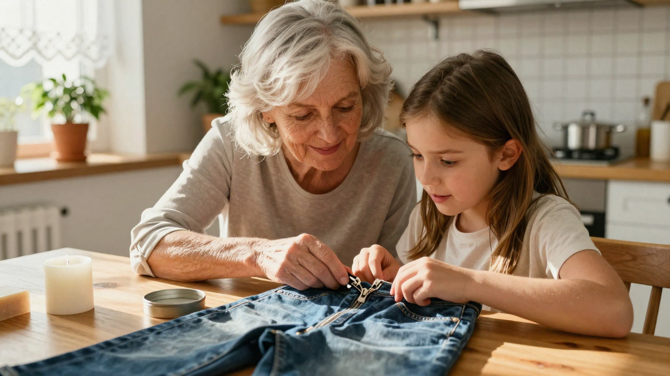 Idosa ensinando menina a fechar zíper em calça jeans na mesa da cozinha.