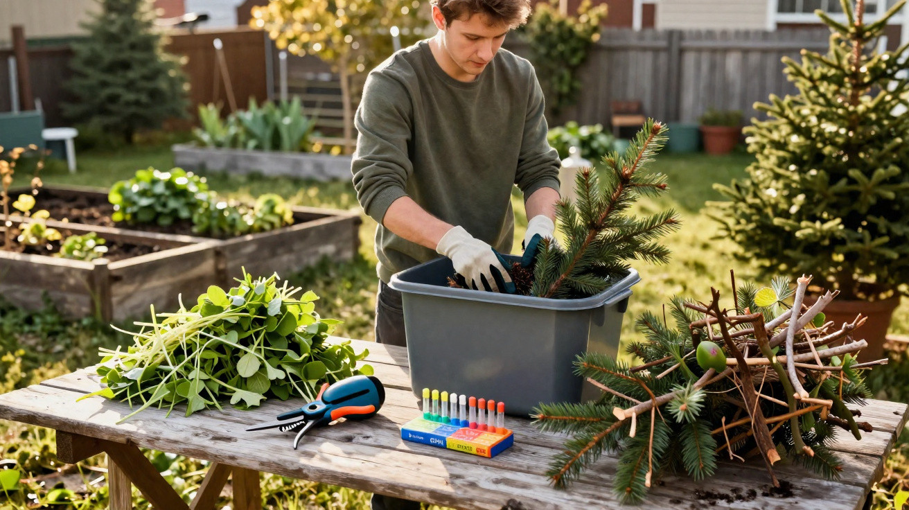 Jovem organizando galhos e plantas em um recipiente plástico em jardim ensolarado.