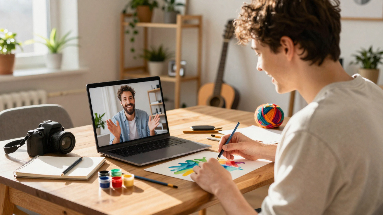 Jovem pintando aquarela enquanto faz videochamada com homem sorridente em laptop na mesa.