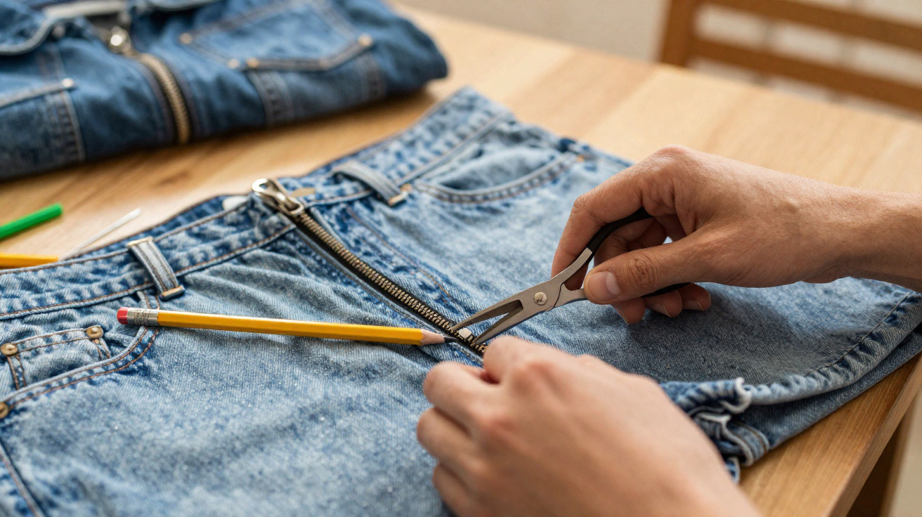 Mãos cortando um lápis amarelo com tesoura sobre um short jeans azul em mesa de madeira.