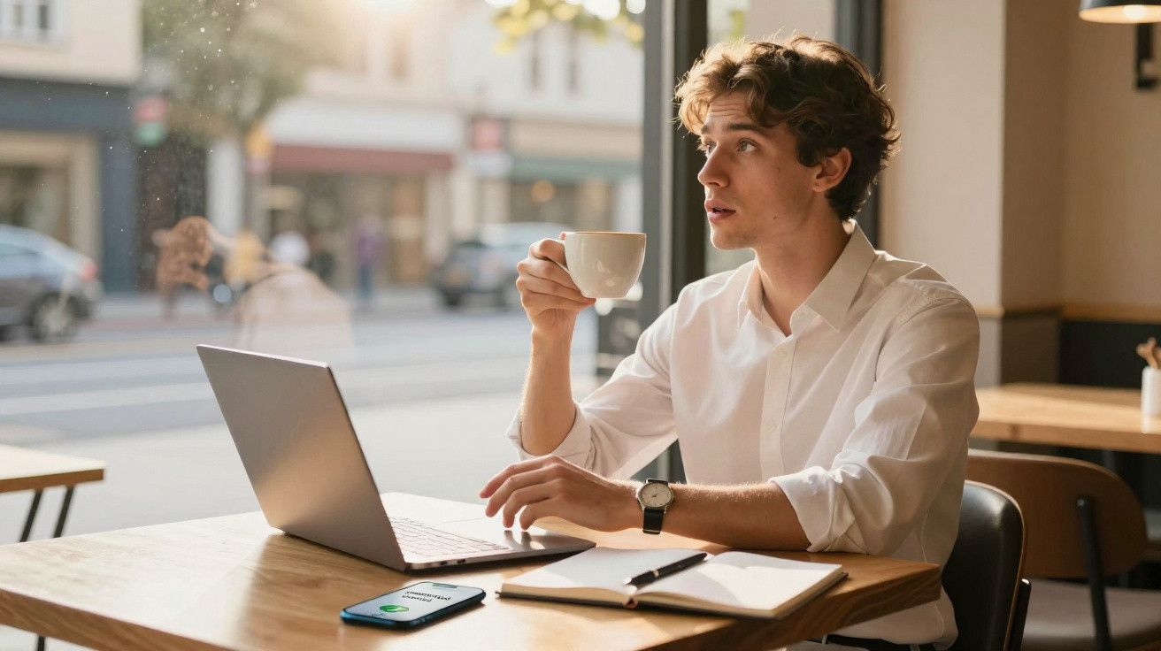 Jovem com camisa branca tomando café e trabalhando em laptop em cafeteria com caderno e celular na mesa.