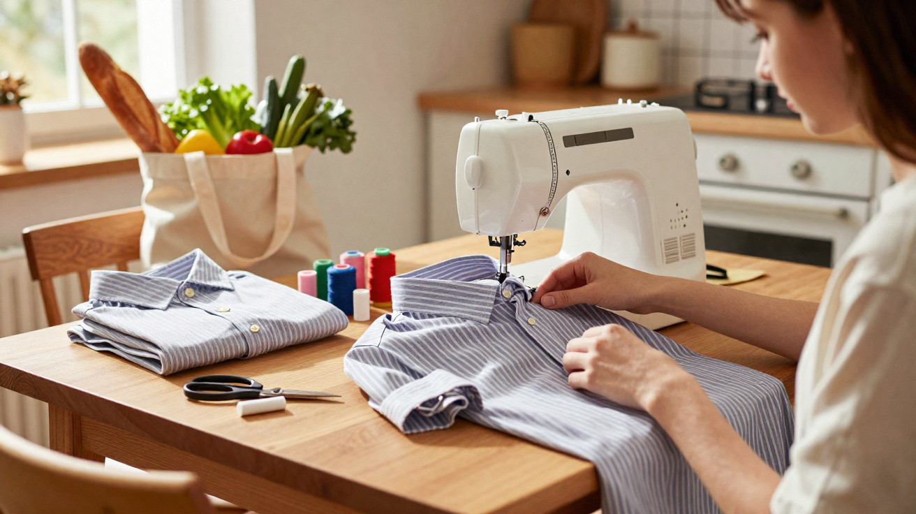 Pessoa costurando camisa listrada azul em máquina de costura sobre mesa de madeira com linha e tesoura.