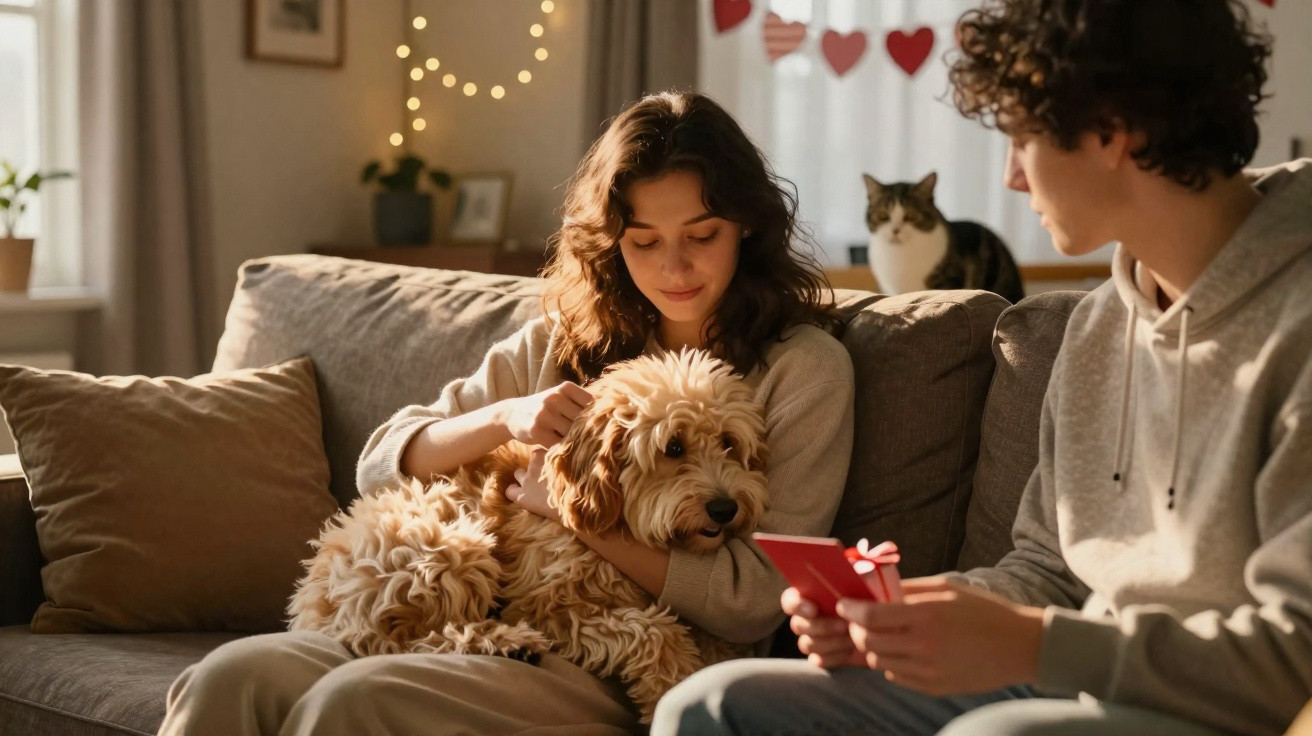 Casal jovem no sofá, mulher acaricia cachorro e homem entrega presente com gato ao fundo.