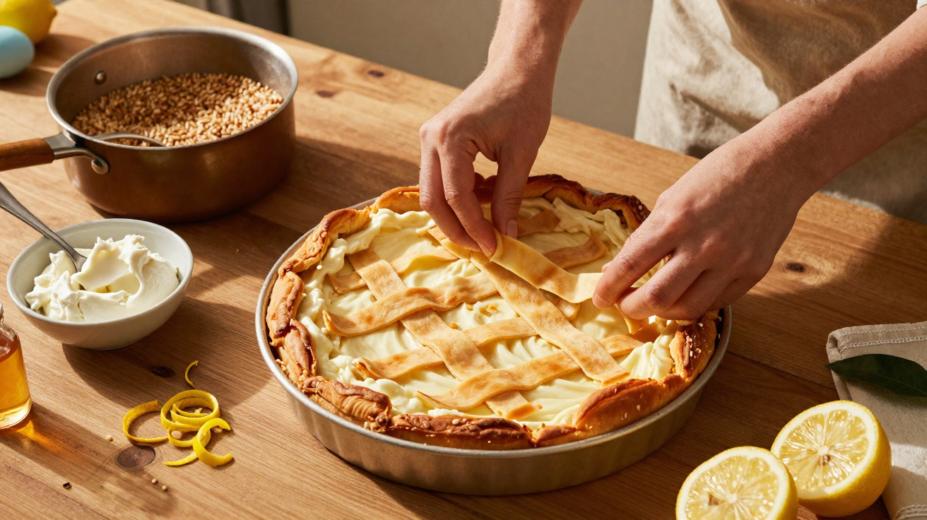Mãos montando cobertura em torta de limão com massa trançada em forma de grade sobre mesa de madeira.