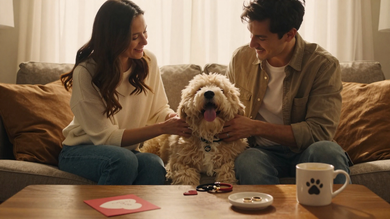 Casal sorridente acariciando cachorro fofo sentado no sofá em sala iluminada.