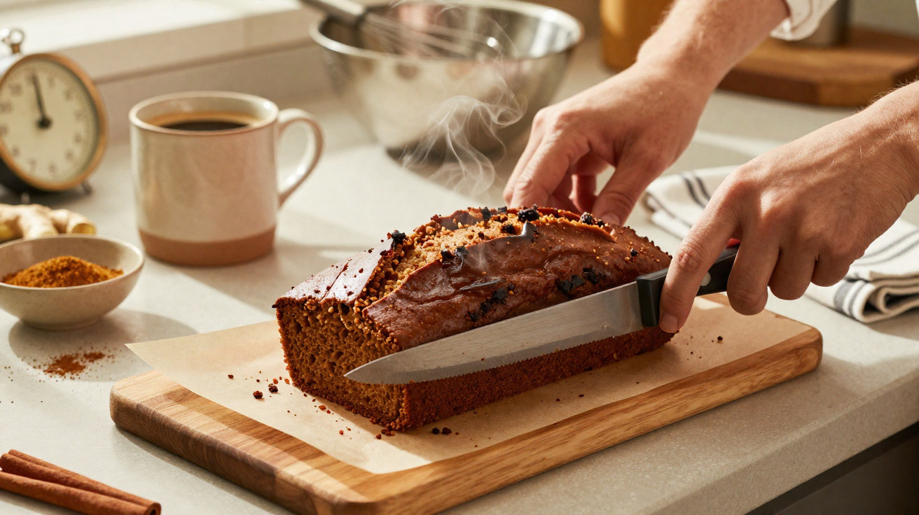 Pessoa cortando bolo caseiro de chocolate em tábua de madeira na cozinha com café ao fundo.