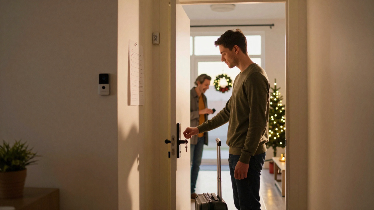 Jovem com mala abrindo porta, com árvore de Natal e outra pessoa ao fundo em sala iluminada.