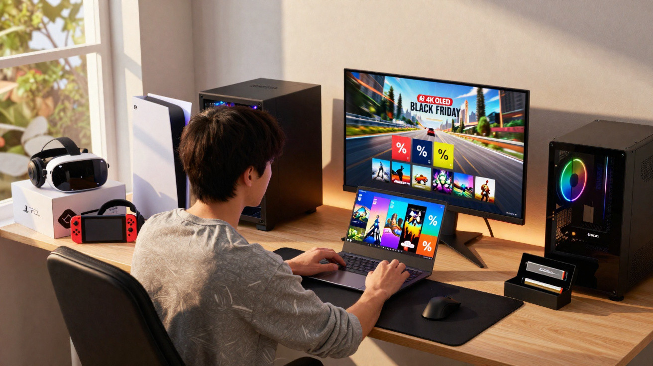 Pessoa usando laptop em mesa com dois computadores, monitor de Black Friday e acessórios de jogos eletrônicos.
