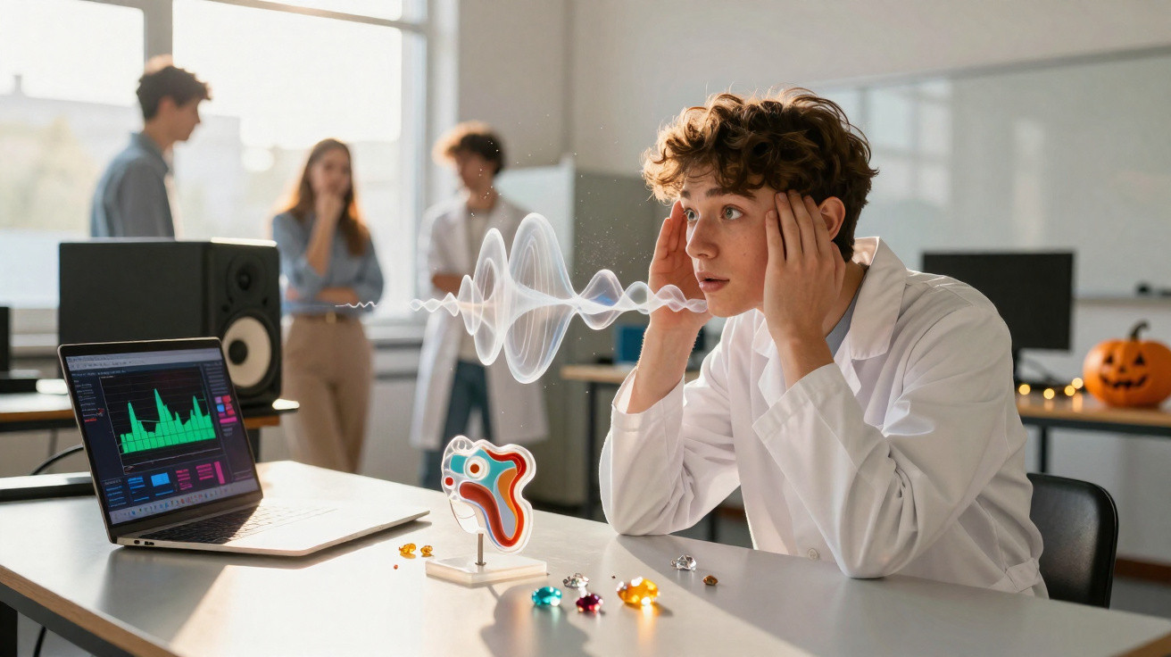 Jovem cientista observa simulação sonora usando modelo de ouvido em laboratório com colegas ao fundo.