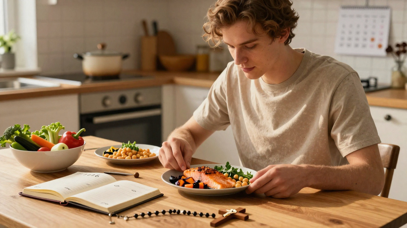 Jovem sentado à mesa, comendo salmão grelhado e grão-de-bico, com Bíblia e terço próximos.