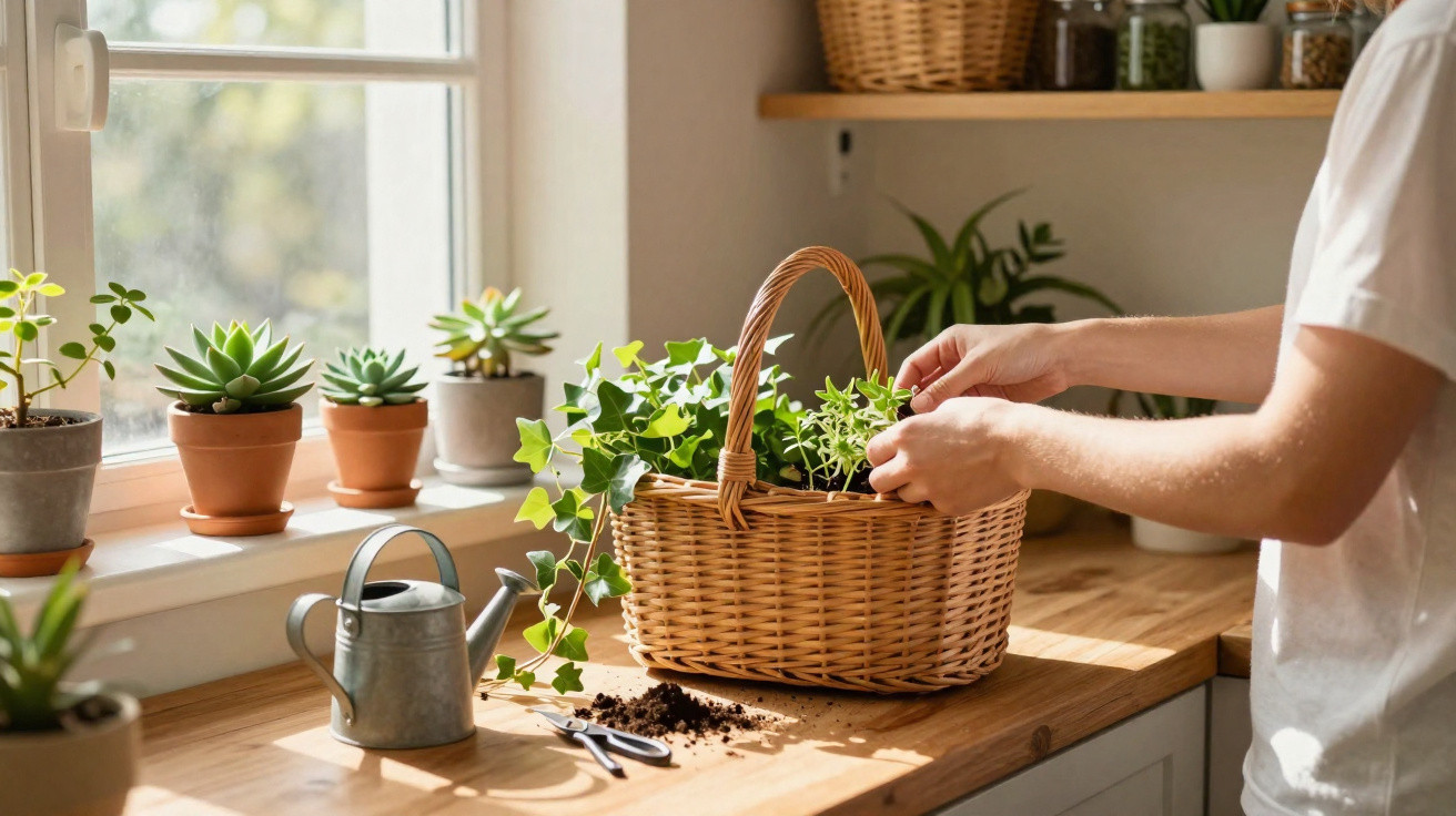 Pessoa cuidando de plantas em cesta de vime na bancada de madeira próxima à janela ensolarada.