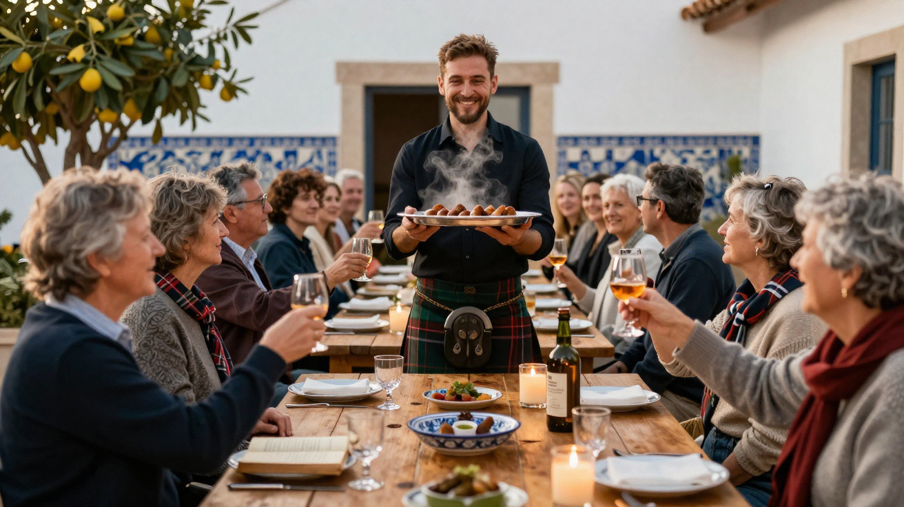 Homem servindo comida quente para grupo de pessoas em jantar ao ar livre à mesa longa com velas e vinho.