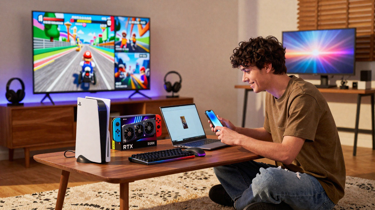 Homem sentado no chão jogando videogame com consoles, laptop e TV exibindo jogo de corrida colorido.