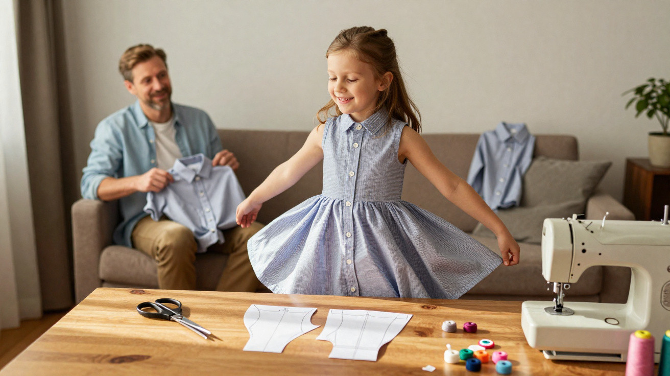 Menina feliz experimenta vestido azul enquanto homem segura camisa, ao lado de máquina de costura e molde na mesa.