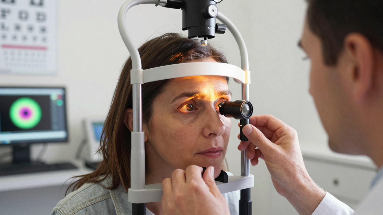 Mulher tendo exame de visão realizado por oftalmologista com equipamento especializado em consultório.