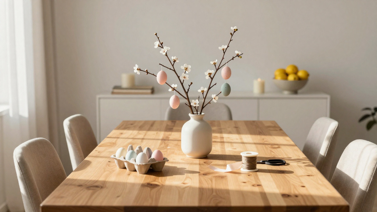 Mesa de madeira com vaso decorativo de galhos floridos e ovos coloridos, cadeiras ao redor e luz natural.