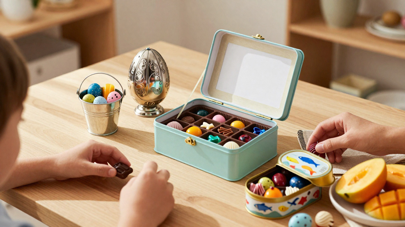 Criança e adulto comendo chocolates coloridos em caixa azul, ovos e frutas sobre mesa de madeira.