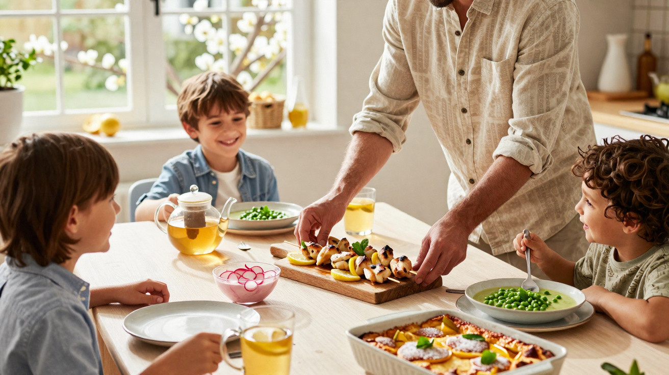Pai servindo espetinhos para três crianças sentadas à mesa com comida e bebidas numa cozinha iluminada.