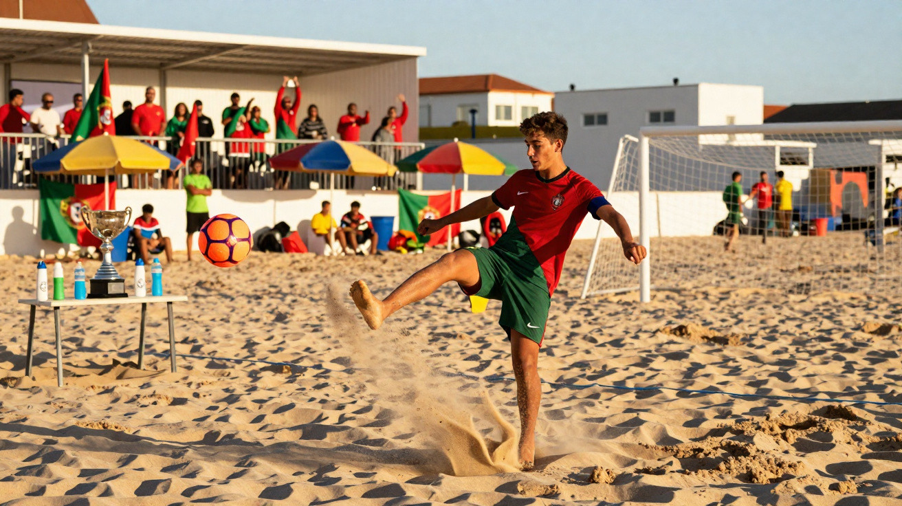 Jovem jogador em ação chutando bola laranja em partida de futebol de areia com torcida ao fundo.