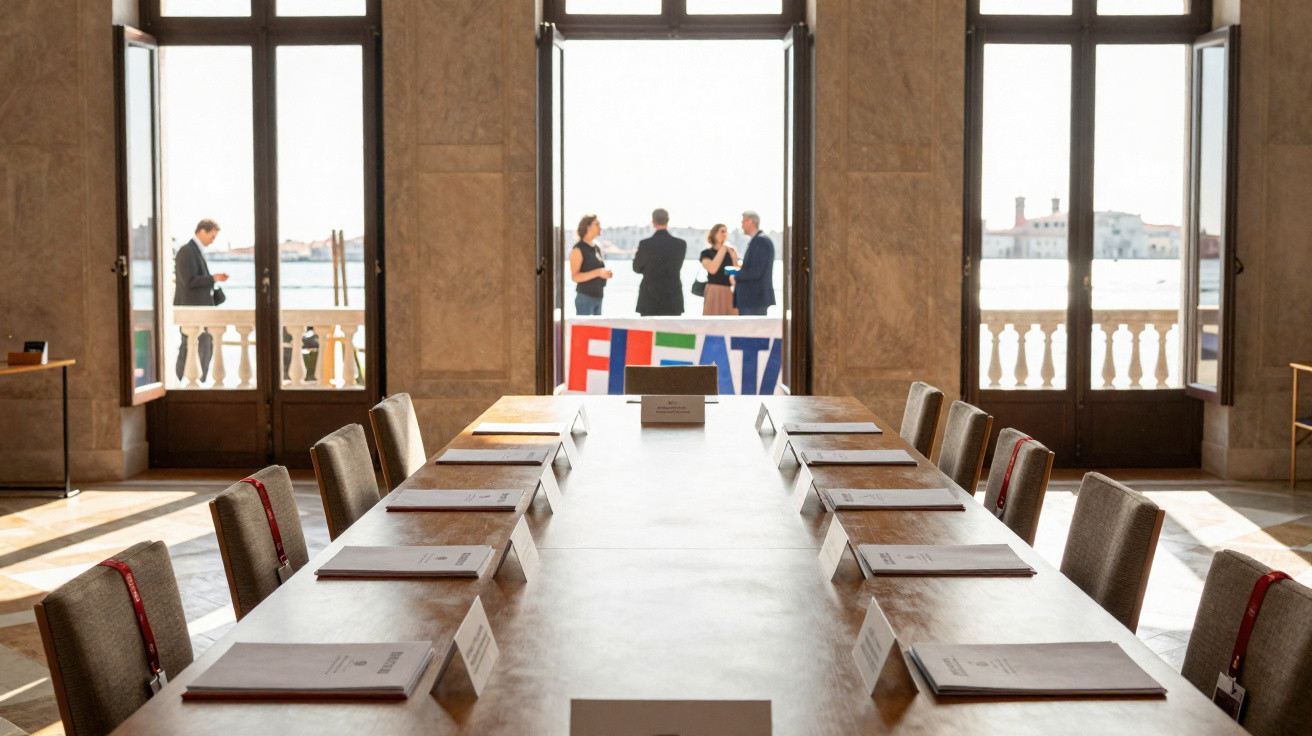 Sala de reunião com mesa comprida, cadeiras e pessoas conversando na varanda com vista para o mar.