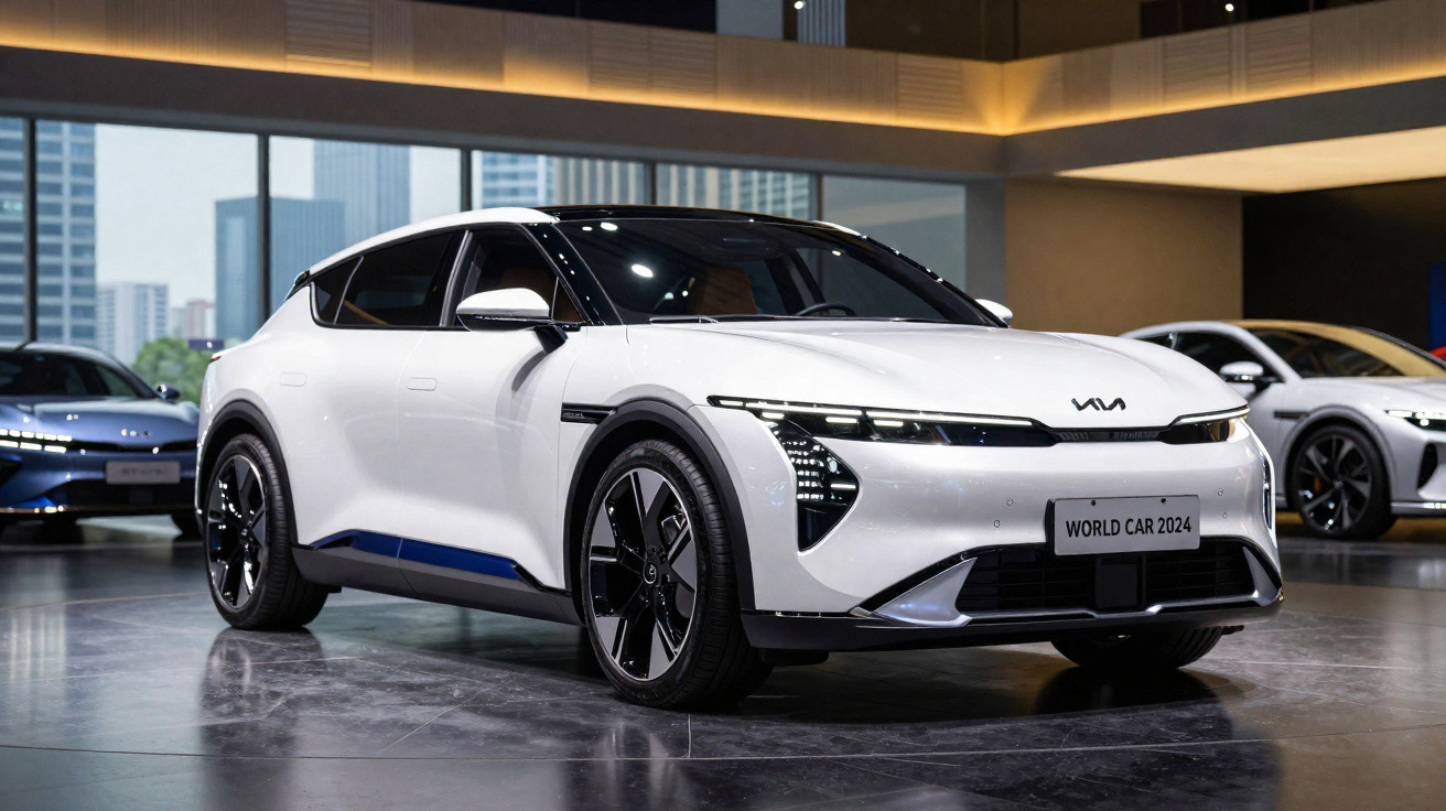 Carro elétrico branco moderno Kia EV6 exposto em salão automotivo com iluminação indireta e fundo urbano.
