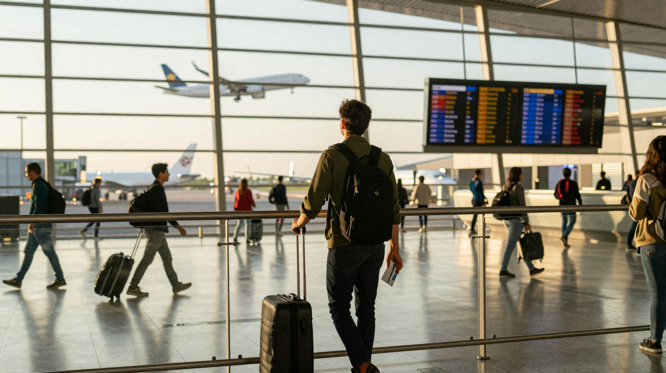 Passageiro com mochila e mala observa avião decolando em aeroporto movimentado com painel de voos ao fundo.