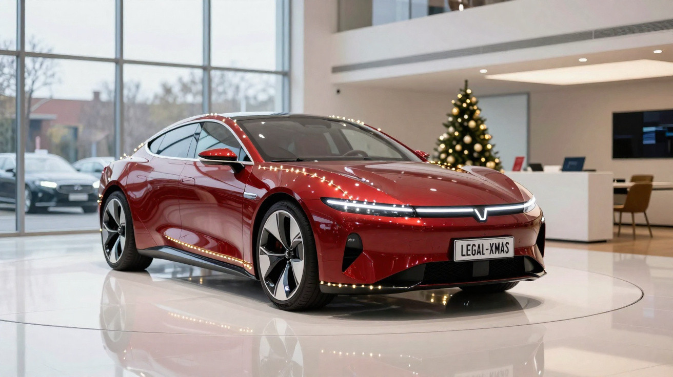 Carro elétrico vermelho exibido em showroom com árvore de Natal decorada ao fundo.