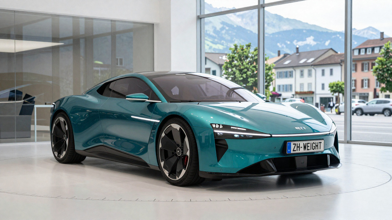 Carro esportivo elétrico azul em showroom moderno com grandes janelas e vista para cidade e montanhas.