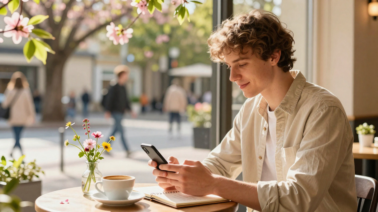 Jovem sentado em café com xícara de café, livro aberto e olhando para o celular, flores na mesa.