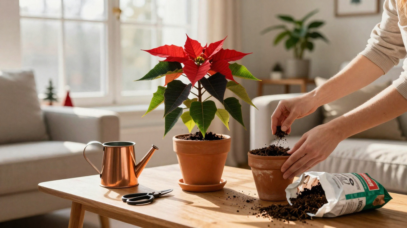 Pessoa replantando planta vermelha em vaso de barro sobre mesa de sala iluminada.