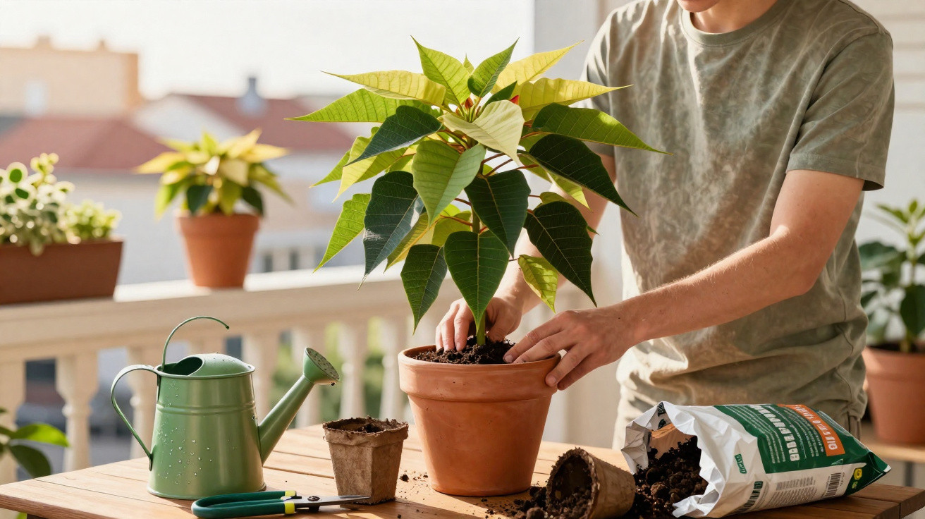 Pessoa transplantando planta com folhas verdes em vaso de barro em varanda ensolarada.