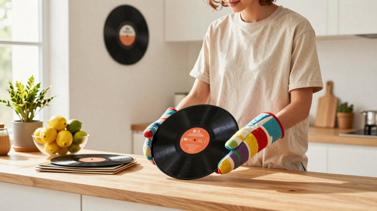 Pessoa com luvas coloridas segurando disco de vinil em cozinha clara com frutas e plantas ao fundo.