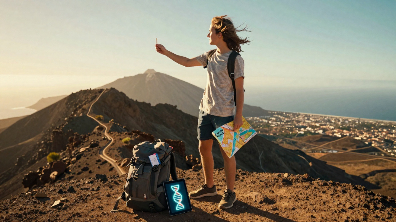 Jovem com mochila e mapa tira selfie no topo de montanha com vista para cidade e mar ao fundo.
