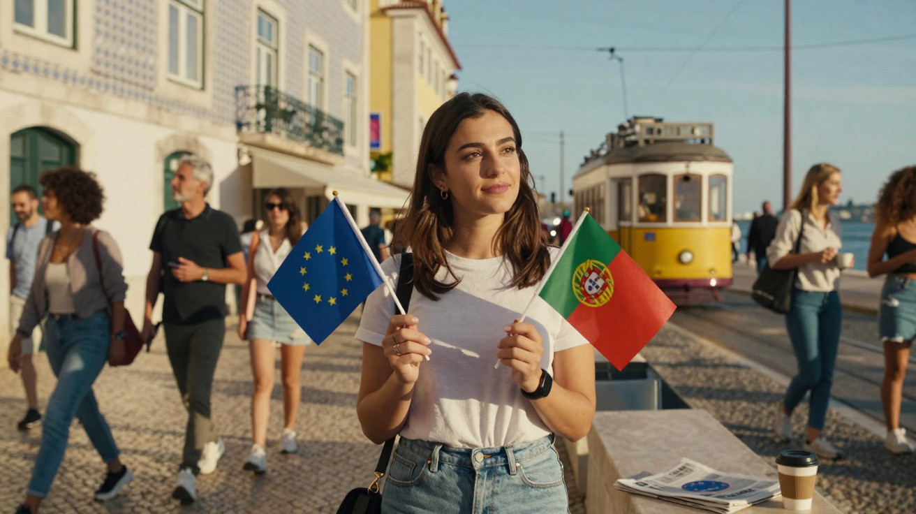 Mulher jovem segurando bandeiras da União Europeia e de Portugal em rua movimentada com bonde ao fundo.
