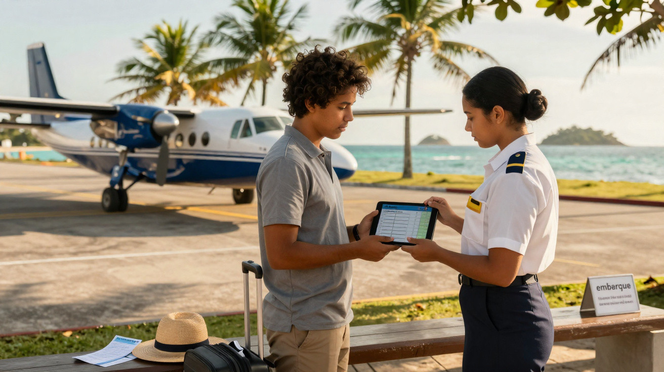 Passageiro mostrando documento em tablet para funcionária de companhia aérea ao lado de avião pequeno.