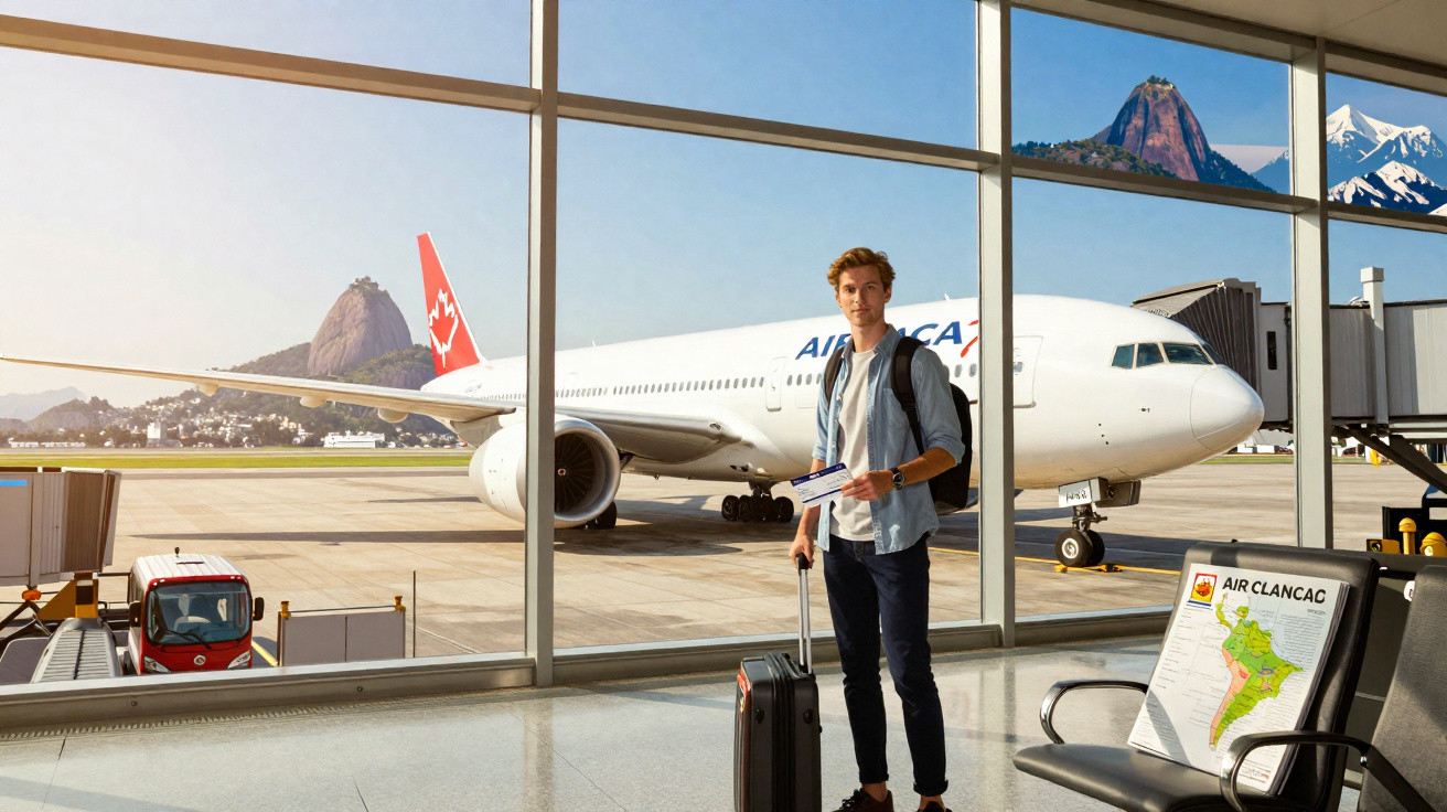 Homem com mochila e mala observando avião da Air Canada no aeroporto com vista do Pão de Açúcar ao fundo.